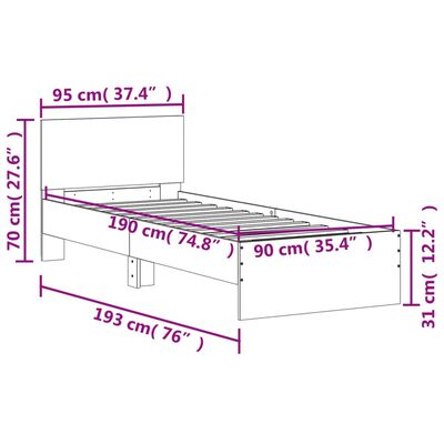 vidaXL Bettgestell mit Kopfteil und LED-Leuchten Grau Sonoma 90x190 cm