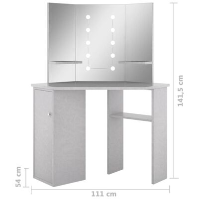 vidaXL Eck-Schminktisch mit LED Betongrau 111x54x141,5 cm