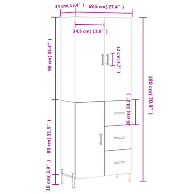 vidaXL Highboard Weiß 69,5x34x180 cm Holzwerkstoff