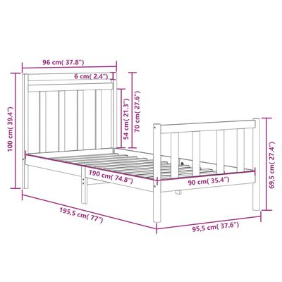 vidaXL Massivholzbett Schwarz 90x190 cm