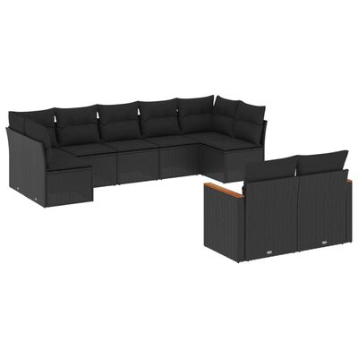 vidaXL 9-tlg. Garten-Sofagarnitur mit Kissen Schwarz Poly Rattan