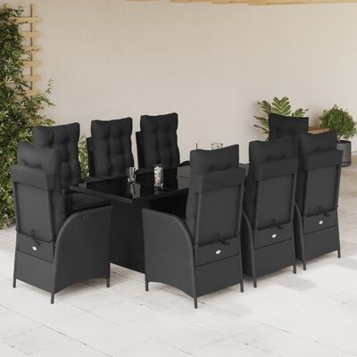 vidaXL 9-tlg. Garten-Essgruppe mit Kissen Schwarz Poly Rattan