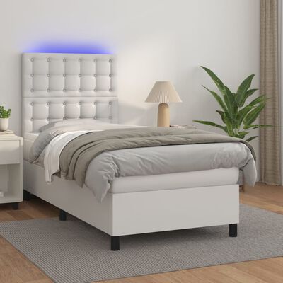 vidaXL Boxspringbett mit Matratze & LED Weiß 90x190 cm Kunstleder