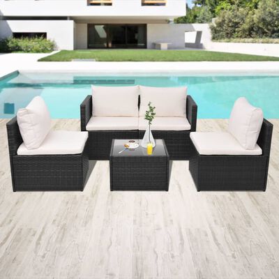 vidaXL 5-tlg. Garten-Lounge-Set mit Auflagen Poly Rattan Schwarz