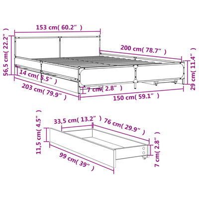 vidaXL Bettgestell mit Schubladen Grau Sonoma 150x200 cm Holzwerkstoff