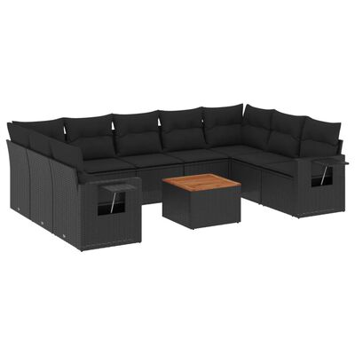 vidaXL 10-tlg. Garten-Sofagarnitur mit Kissen Schwarz Poly Rattan