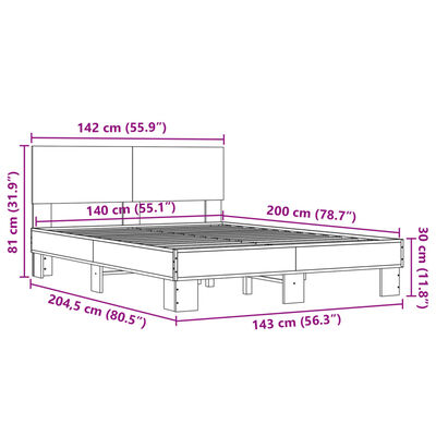 vidaXL Bettgestell Braun Eichen-Optik 140x200 cm Holzwerkstoff Metall