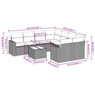 vidaXL 9-tlg. Garten-Sofagarnitur mit Kissen Grau Poly Rattan