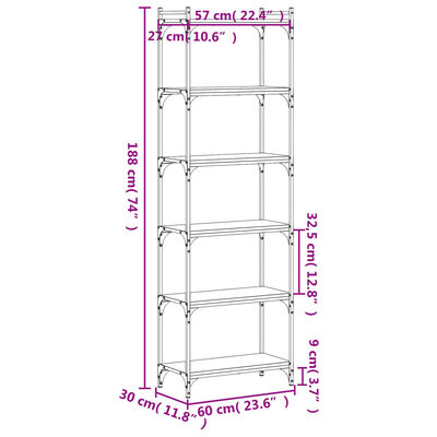 vidaXL Bücherregal 6 Böden Schwarz 60x30x188 cm Holzwerkstoff