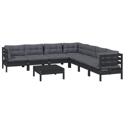 vidaXL 8-tlg. Garten-Lounge-Set mit Kissen Schwarz Massivholz Kiefer