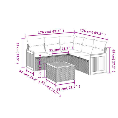 vidaXL 6-tlg. Garten-Sofagarnitur mit Kissen Schwarz Poly Rattan