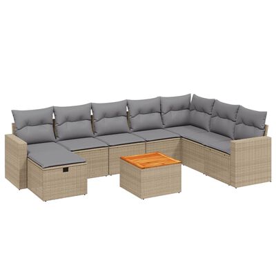 vidaXL 9-tlg. Garten-Sofagarnitur mit Kissen Beige Poly Rattan