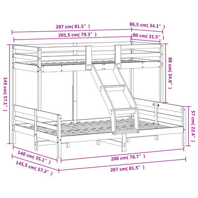 vidaXL Etagenbett 80x200/140x200 cm Weiß Massivholz Kiefer