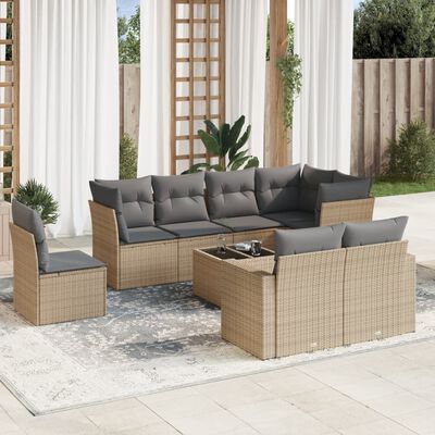 vidaXL 9-tlg. Garten-Sofagarnitur mit Kissen Beige Poly Rattan