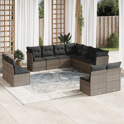 vidaXL 11-tlg. Garten-Sofagarnitur mit Kissen Grau Poly Rattan