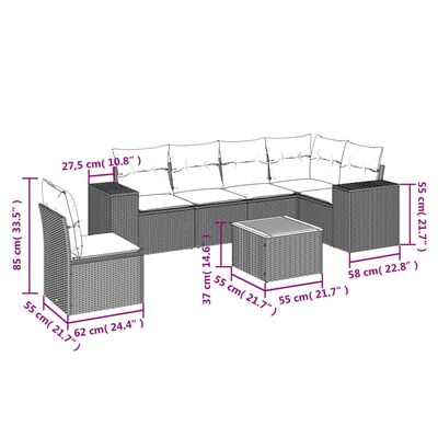 vidaXL 7-tlg. Garten-Sofagarnitur mit Kissen Schwarz Poly Rattan