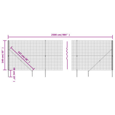 vidaXL Maschendrahtzaun mit Bodenhülsen Grün 1,4x25 m