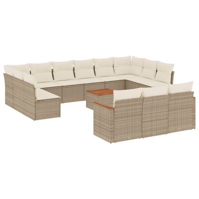 vidaXL 14-tlg. Garten-Sofagarnitur mit Kissen Beige Poly Rattan