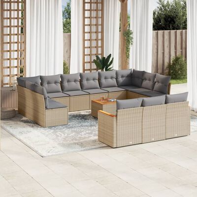 vidaXL 14-tlg. Garten-Sofagarnitur mit Kissen Beige Poly Rattan