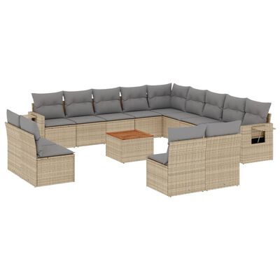 vidaXL 14-tlg. Garten-Sofagarnitur mit Kissen Beige Poly Rattan