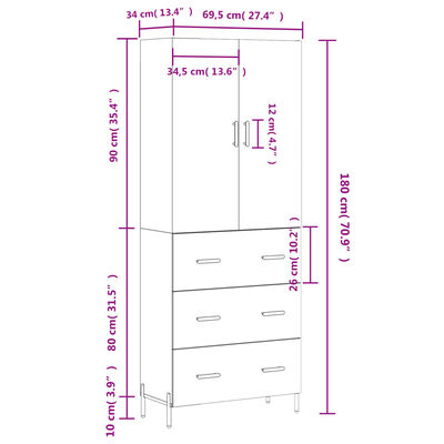 vidaXL Highboard Hochglanz-Weiß 69,5x34x180 cm Holzwerkstoff