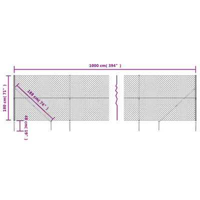 vidaXL Maschendrahtzaun mit Bodenhülsen Silbern 1,8x10 m