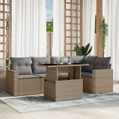 vidaXL 6-tlg. Garten-Sofagarnitur mit Kissen Beige Poly Rattan