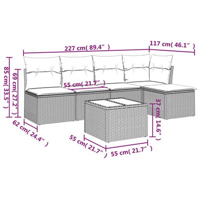 vidaXL 6-tlg. Garten-Sofagarnitur mit Kissen Beige Poly Rattan