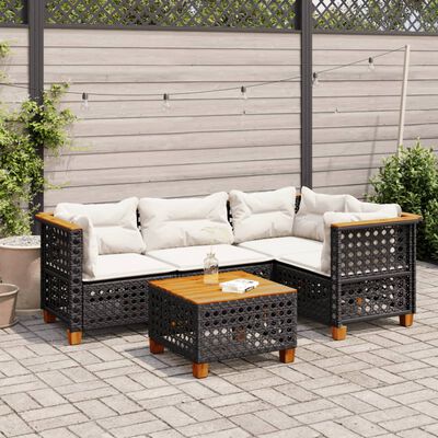 vidaXL 5-tlg. Garten-Sofagarnitur mit Kissen Schwarz Poly Rattan