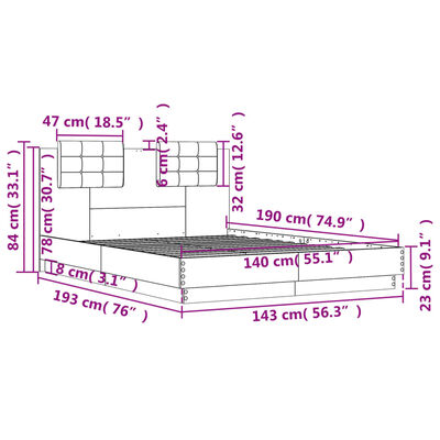 vidaXL Bettgestell mit Kopfteil Grau Sonoma 140x190 cm Holzwerkstoff