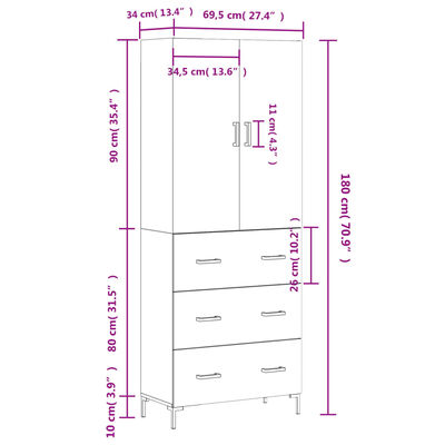 vidaXL Highboard Grau Sonoma 69,5x34x180 cm Holzwerkstoff