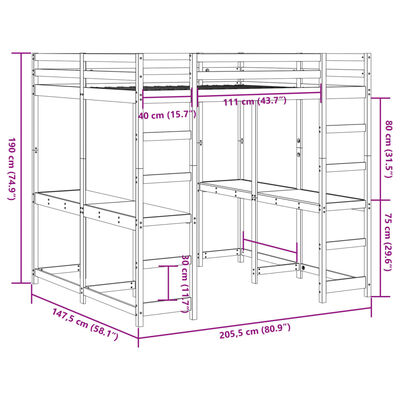 vidaXL Hochbett mit Schreibtisch & Leiter Braun 140x200 cm Kiefernholz