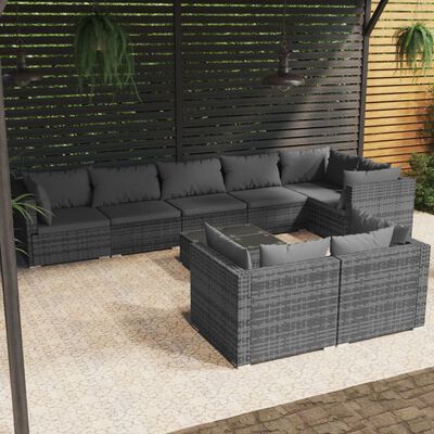 vidaXL 9-tlg. Garten-Lounge-Set mit Kissen Grau Poly Rattan