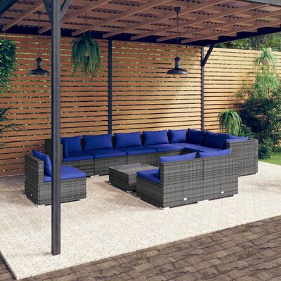 vidaXL 11-tlg. Garten-Lounge-Set mit Kissen Poly Rattan Grau