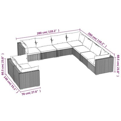 vidaXL 9-tlg. Garten-Lounge-Set mit Kissen Braun Poly Rattan