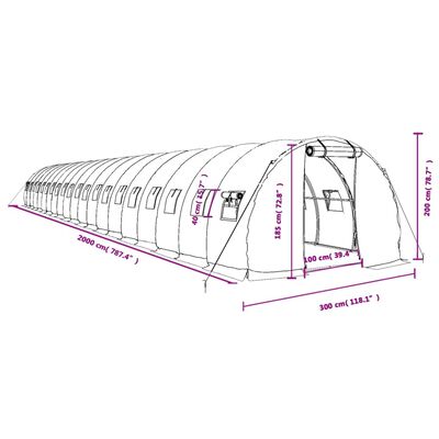 vidaXL Gewächshaus mit Stahlrahmen Weiß 60 m² 20x3x2 m