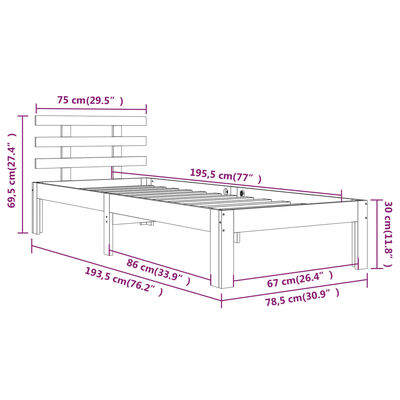 vidaXL Massivholzbett 75x190 cm