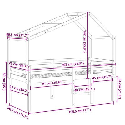 vidaXL Hochbett mit Dach Weiß 75x190 cm Massivholz Kiefer