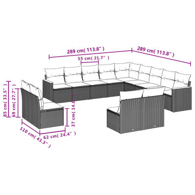 vidaXL 13-tlg. Garten-Sofagarnitur mit Kissen Grau Poly Rattan