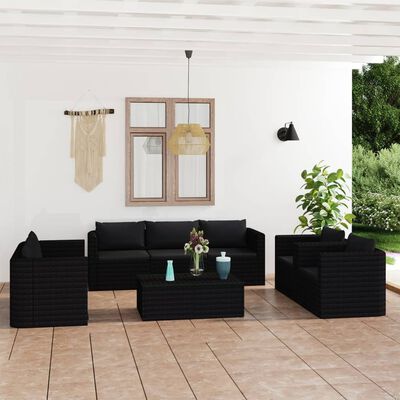 vidaXL 9-tlg. Garten-Lounge-Set mit Kissen Poly Rattan Schwarz