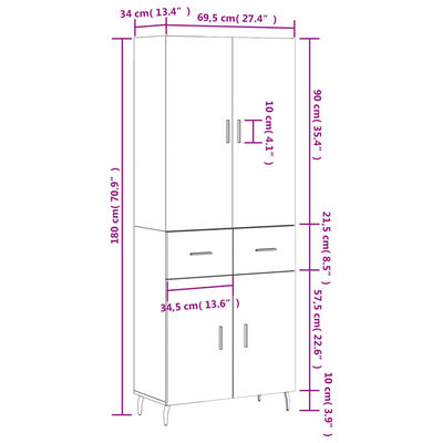 vidaXL Highboard Schwarz 69,5x34x180 cm Holzwerkstoff