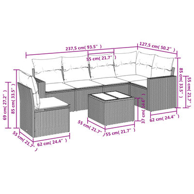 vidaXL 7-tlg. Garten-Sofagarnitur mit Kissen Hellgrau Poly Rattan