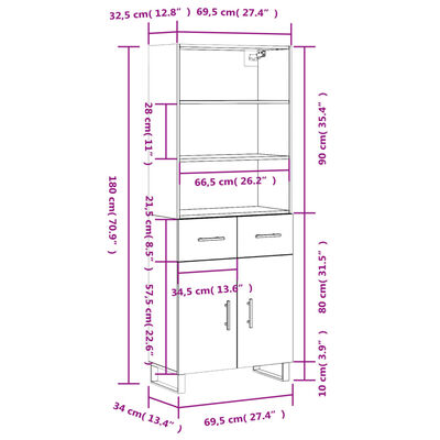 vidaXL Highboard Grau Sonoma 69,5x34x180 cm Holzwerkstoff