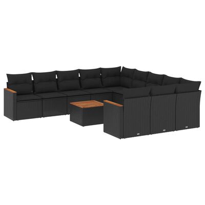 vidaXL 12-tlg. Garten-Sofagarnitur mit Kissen Schwarz Poly Rattan