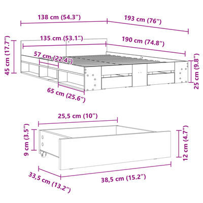 vidaXL Bettgestell mit Schubladen Schwarz 135x190 cm Holzwerkstoff