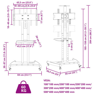 vidaXL TV-Ständer auf Rollen 32-70 Zoll Max VESA 600x400 60kg