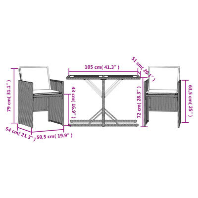 vidaXL 3-tlg. Bistro-Set mit Kissen Schwarz Poly Rattan