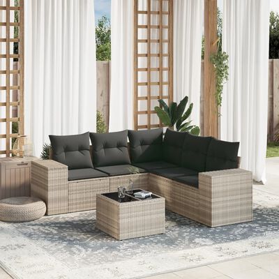 vidaXL 6-tlg. Garten-Sofagarnitur mit Kissen Hellgrau Poly Rattan