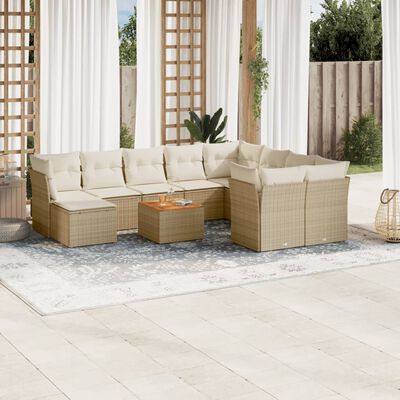 vidaXL 11-tlg. Garten-Sofagarnitur mit Kissen Beige Poly Rattan