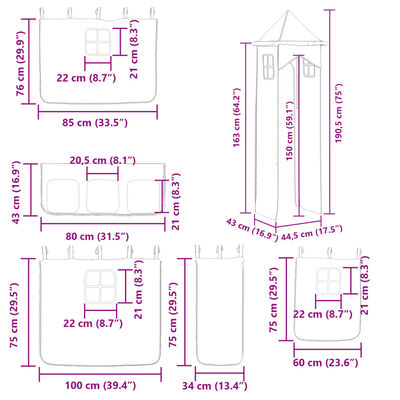 vidaXL Etagenbett mit Rutsche und Gardinen Weiß und Schwarz 80x200 cm